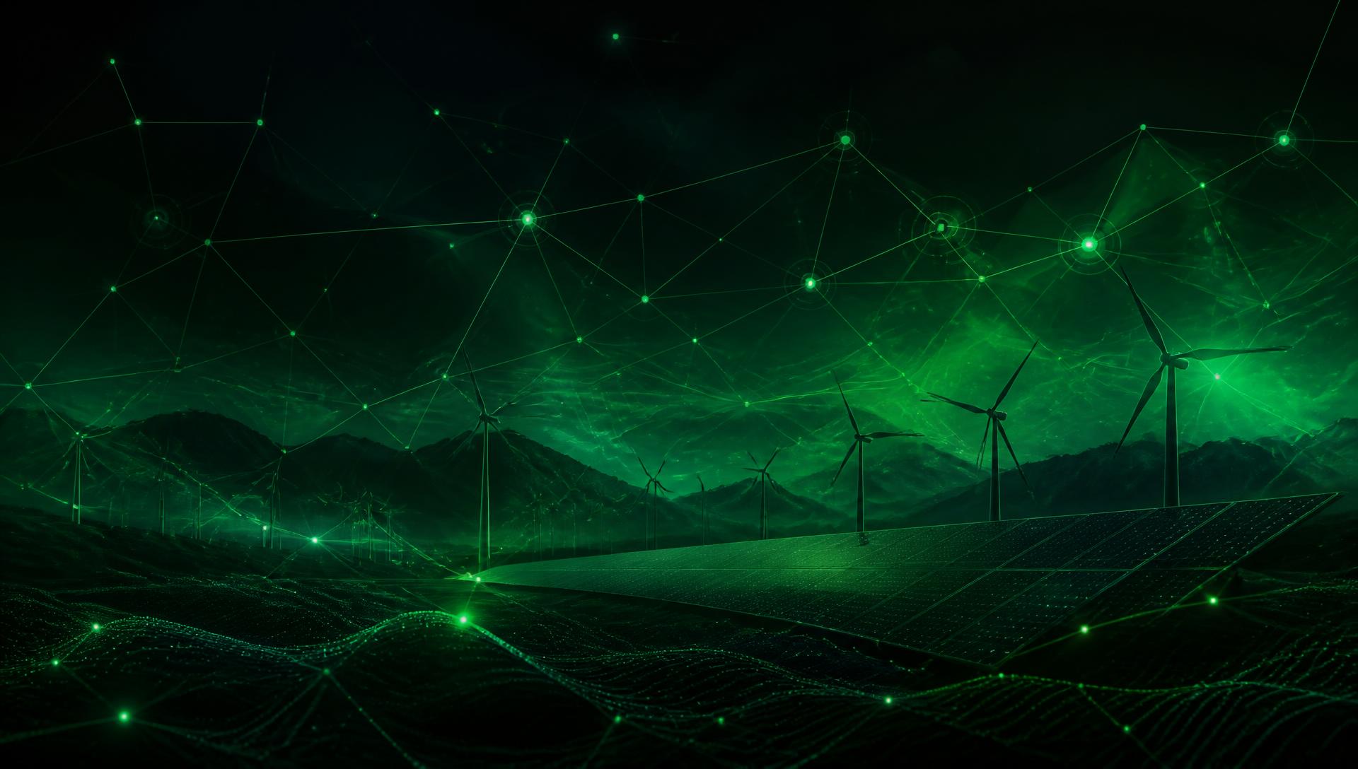 Rede de conexões digitais sobre um cenário de energia renovável, representando o ecossistema iGreen Energy